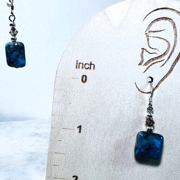 Silver 925 Dangle Earrings OOAK  .5" Sq Blue Brown Jadeite Bead Silver Accents - Picture 3 of 6